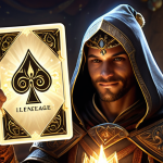A Lineage M player character, with a look of triumph, holding up a shimmering, legendary transformation card that glows with golden light. The background subtly suggests a festive in-game event, with celebratory banners or magical particle effects, symbolizing a "propitious period" for drawing rare items.
