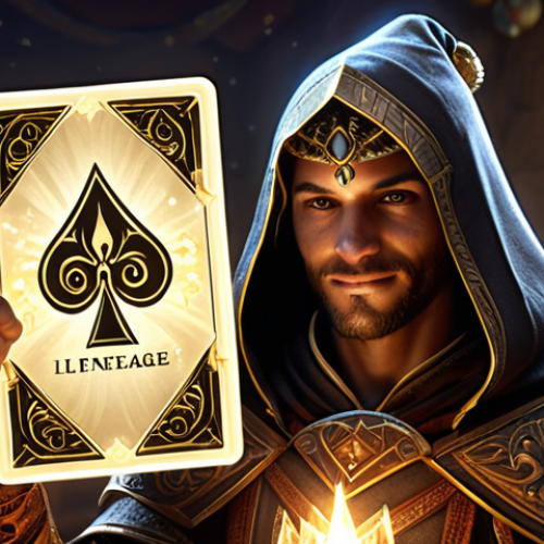 Home 16 A Lineage M player character, with a look of triumph, holding up a shimmering, legendary transformation card that glows with golden light. The background subtly suggests a festive in-game event, with celebratory banners or magical particle effects, symbolizing a "propitious period" for drawing rare items.