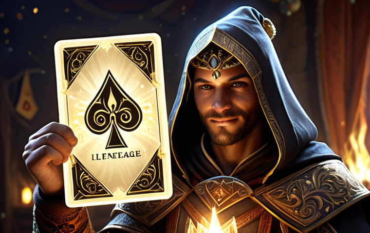 A Lineage M player character, with a look of triumph, holding up a shimmering, legendary transformation card that glows with golden light. The background subtly suggests a festive in-game event, with celebratory banners or magical particle effects, symbolizing a "propitious period" for drawing rare items.