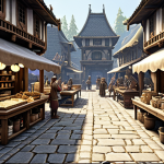 ** A bustling marketplace scene in a Lineage M town. Focus on the details: players trading rare items, crafting stations with characters hard at work, and maybe a glimpse of the in-game currency (Adena) changing hands. Capture the dynamic nature of the Lineage M economy, hinting at the tips for reselling rare objects and optimizing crafts.

**