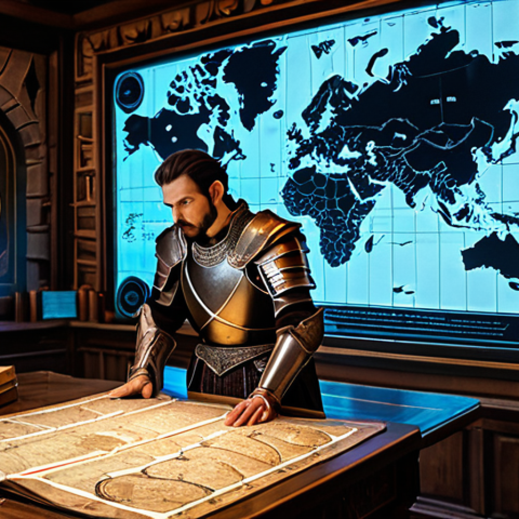 A professional male adventurer, fully clothed in modest, ornate fantasy armor, is intensely focused on a large, glowing holographic map displaying complex server data and economic graphs. He stands within a strategically lit, ancient fantasy war room, surrounded by antique maps and scattered scrolls on a sturdy wooden table. The scene captures a moment of deep strategic thought and planning. Safe for work, appropriate content, appropriate attire, perfect anatomy, correct proportions, natural pose, well-formed hands, proper finger count, natural body proportions, professional photography, high quality, family-friendly.