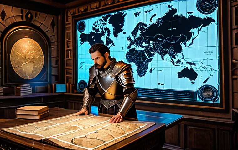 A professional male adventurer, fully clothed in modest, ornate fantasy armor, is intensely focused on a large, glowing holographic map displaying complex server data and economic graphs. He stands within a strategically lit, ancient fantasy war room, surrounded by antique maps and scattered scrolls on a sturdy wooden table. The scene captures a moment of deep strategic thought and planning. Safe for work, appropriate content, appropriate attire, perfect anatomy, correct proportions, natural pose, well-formed hands, proper finger count, natural body proportions, professional photography, high quality, family-friendly.