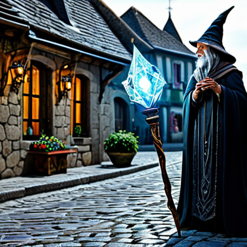 A Detailed Enchanted Staff** "A beautifully detailed magical staff glowing with arcane energy, resting on an ancient cobblestone street in a quaint French village. The staff is adorned with intricate carvings and a large, sparkling gemstone. Fully clothed figure in the background, perhaps a wise old mage or sorceress. Safe for work, appropriate content, professional fantasy illustration, perfect anatomy, correct proportions, family-friendly, well-formed hands, proper finger count, natural body proportions, modest clothing." **