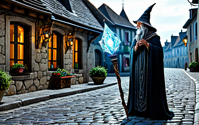 A Detailed Enchanted Staff** "A beautifully detailed magical staff glowing with arcane energy, resting on an ancient cobblestone street in a quaint French village. The staff is adorned with intricate carvings and a large, sparkling gemstone. Fully clothed figure in the background, perhaps a wise old mage or sorceress. Safe for work, appropriate content, professional fantasy illustration, perfect anatomy, correct proportions, family-friendly, well-formed hands, proper finger count, natural body proportions, modest clothing." **