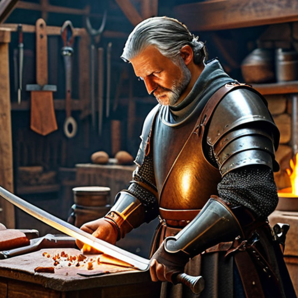 Crafting Master** "A skilled artisan, fully clothed in modest leather armor, meticulously crafting a gleaming sword at a detailed forge in a bustling medieval workshop, appropriate attire, safe for work, perfect anatomy, natural proportions, professional concept art, high quality, family-friendly." **
