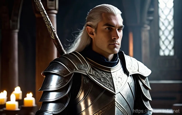 리니지M 보스 레이드 준비물 - **Prompt:** A solo Lineage M warrior, specifically a male Elven Knight, standing in a dimly lit, anc...