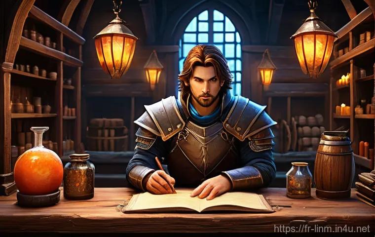 리니지M 사냥터 자원 분배 - **Prompt 1: Strategic Inventory Management** "A male Lineage M adventurer, mid-20s, with short, ...