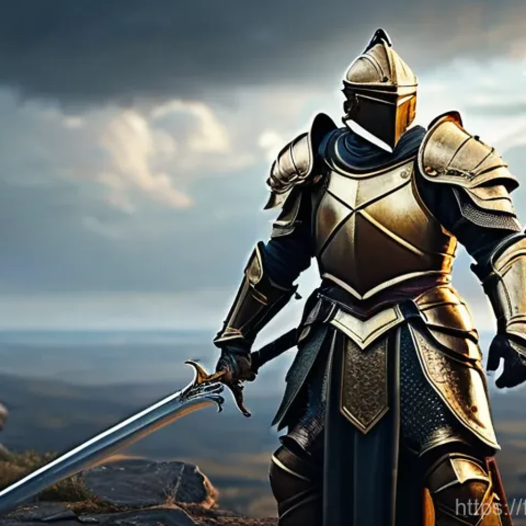 리니지M 기사 스킬 트리 - A male knight, mid-twenties, stands heroically on a weathered stone battleground, his heavy, ornate ...
