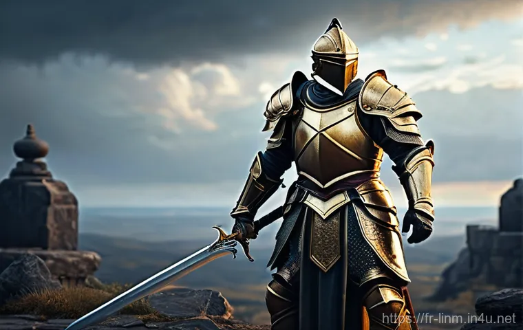 리니지M 기사 스킬 트리 - A male knight, mid-twenties, stands heroically on a weathered stone battleground, his heavy, ornate ...