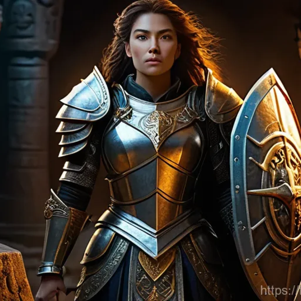 리니지M 전설 아이템 소개 - A fully armored female warrior, wearing a practical and ornate suit of plate armor, complete with a ...