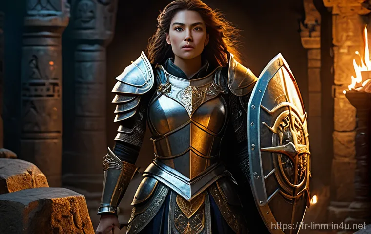 리니지M 전설 아이템 소개 - A fully armored female warrior, wearing a practical and ornate suit of plate armor, complete with a ...