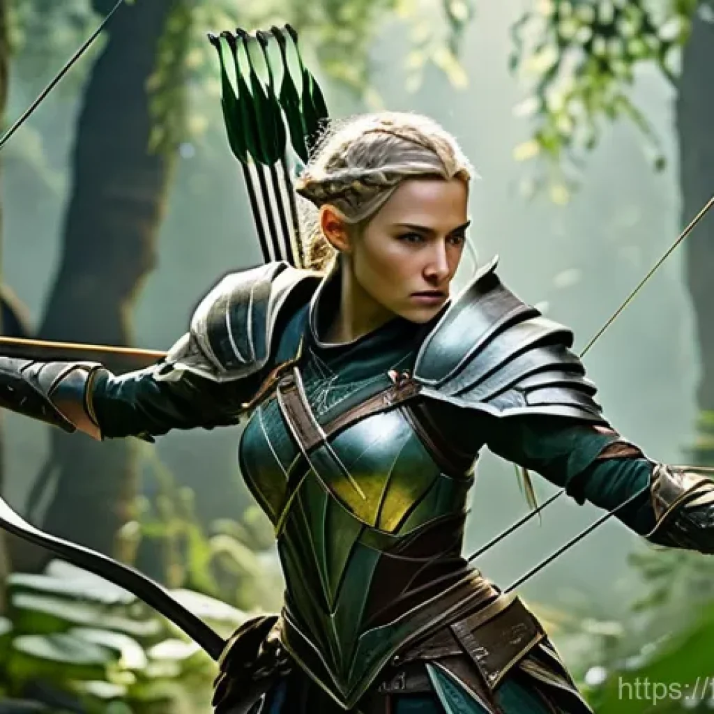 리니지M 자동 사냥 제한 - "A dynamic, medium shot of a determined female Elven archer in intricate, functional leather armor, ...