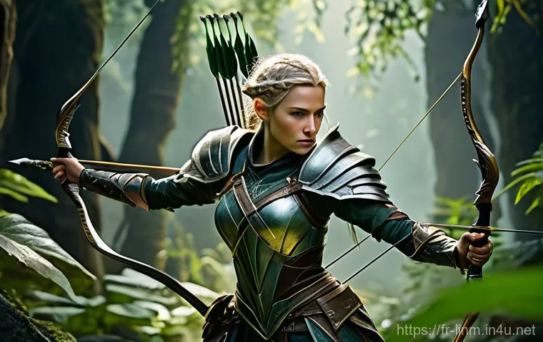 리니지M 자동 사냥 제한 - "A dynamic, medium shot of a determined female Elven archer in intricate, functional leather armor, ...