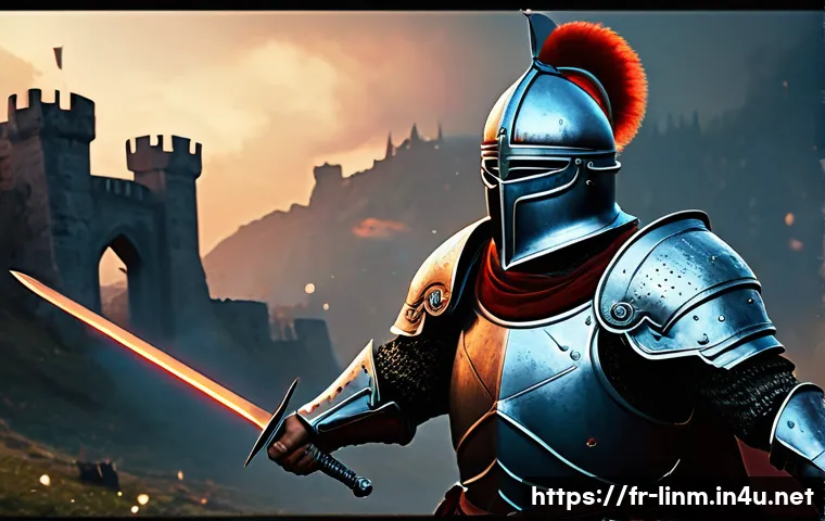 리니지M 공성전 미니맵 사용 - **Prompt:** A male warrior in ornate, practical fantasy plate armor, mid-swing with a broadsword dur...