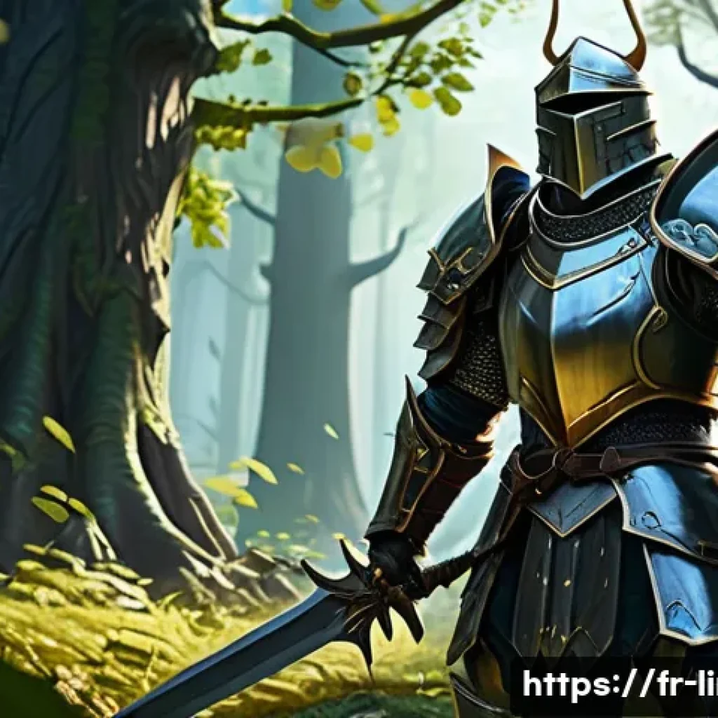 리니지M 자동 사냥 효율 - **A highly efficient male Knight, clad in gleaming, enchanted plate armor with glowing runes, stands...