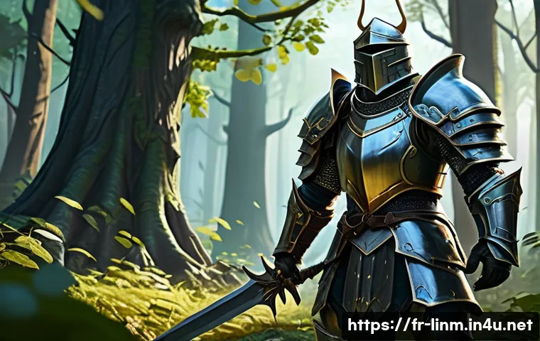 리니지M 자동 사냥 효율 - **A highly efficient male Knight, clad in gleaming, enchanted plate armor with glowing runes, stands...
