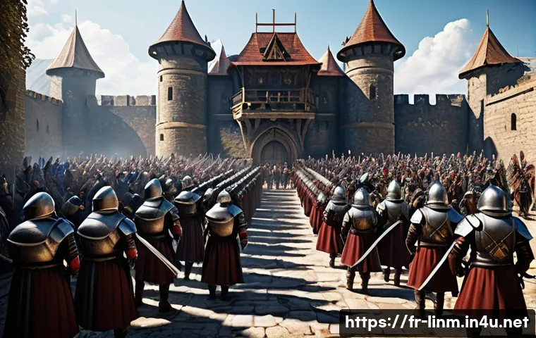 리니지M 최고 인기 혈맹 - A dynamic fantasy guild battle scene in a vast medieval castle siege setting, featuring a diverse gr...