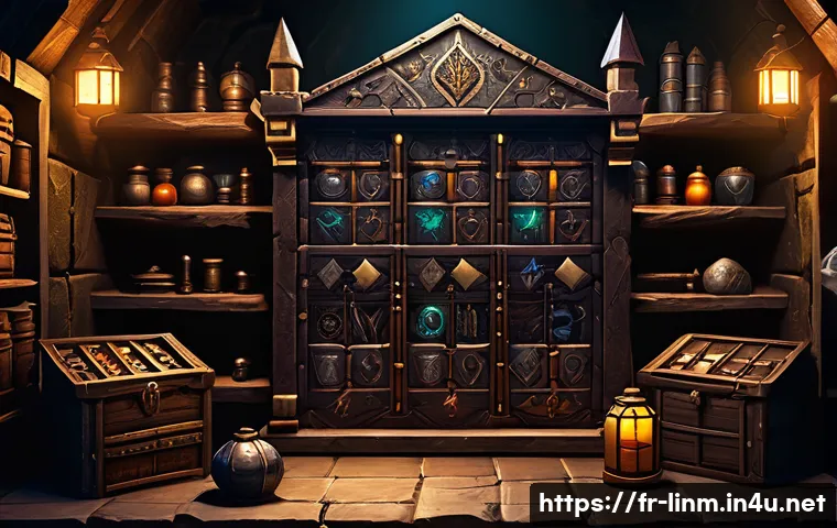 리니지M 아이템 회수 방법 - A detailed fantasy-themed inventory management scene inside a medieval-style game interface, showing...