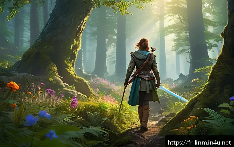 리니지M 최적의 경험치 노가다 - A vibrant fantasy forest scene inspired by "Valdora Forest," featuring a mid-level adventurer in lig...