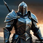 Home 22 리니지M 캐릭터 스탯 가이드 - A fantasy warrior character in heavy armor standing confidently on a battlefield at dusk, muscular b...