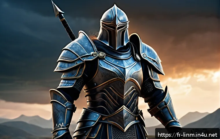 리니지M 캐릭터 스탯 가이드 - A fantasy warrior character in heavy armor standing confidently on a battlefield at dusk, muscular b...