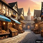 Home 19 리니지M 거래소 사용법 - A detailed digital artwork of a bustling fantasy marketplace from the game LineageM, showcasing vari...