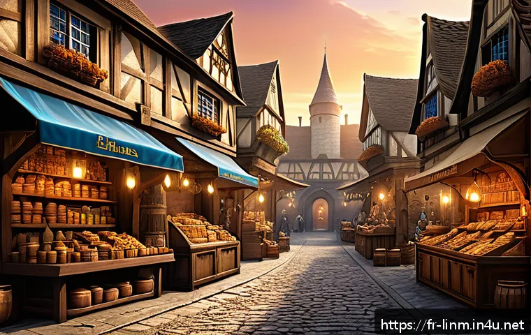 리니지M 거래소 사용법 - A detailed digital artwork of a bustling fantasy marketplace from the game LineageM, showcasing vari...