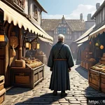 Home 23 리니지M 상점 아이템 추천 - A detailed fantasy game shop scene set in a bustling medieval market, featuring colorful vendor stal...