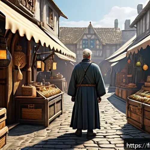 Home 17 리니지M 상점 아이템 추천 - A detailed fantasy game shop scene set in a bustling medieval market, featuring colorful vendor stal...