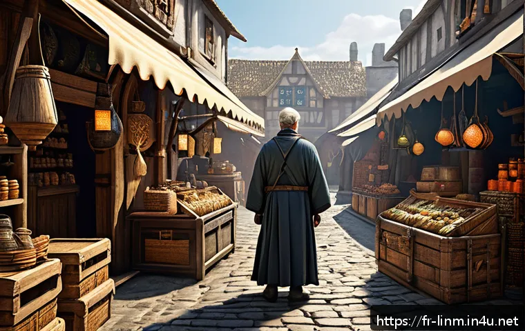 리니지M 상점 아이템 추천 - A detailed fantasy game shop scene set in a bustling medieval market, featuring colorful vendor stal...