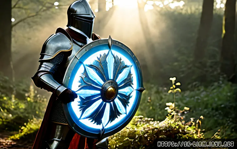 리니지M 스킬 이펙트 분석 - Photorealistic fantasy game skill-effect analysis scene, armored European knight in a misty French f...