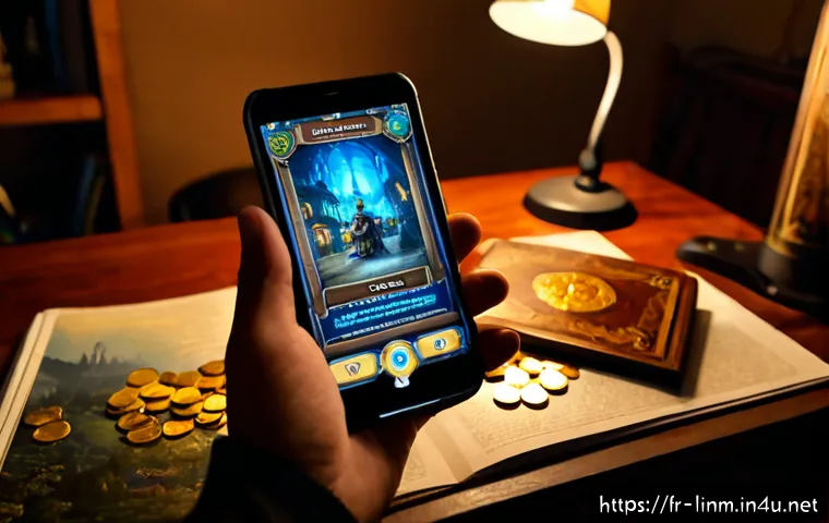 리니지M 스킬북 구입 위치 - Photorealistic French gamer at a tidy home desk in Paris, holding a smartphone displaying a generic ...