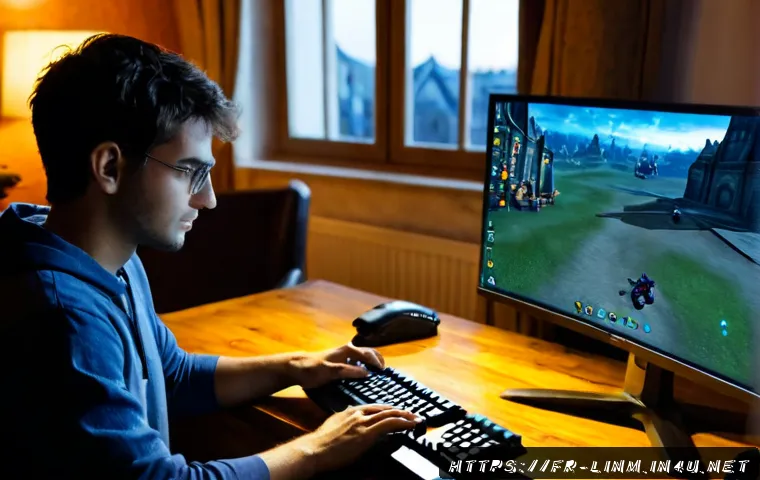 Home 17 리니지M 필드 전투 스킬 활용법 - Photorealistic French gamer at a tidy Paris apartment desk, focused on a fantasy MMORPG field battle...