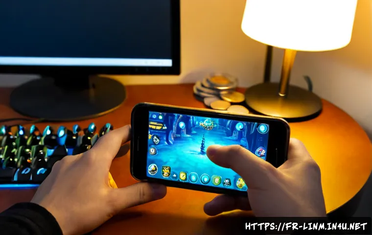 Home 17 리니지M 장비 인챈트 방법 - Photorealistic French gamer’s desk at dusk, a smartphone displaying a generic fantasy MMORPG equipme...