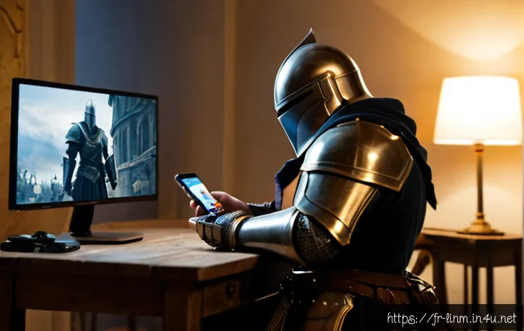 리니지M 희귀 스킬 활용 - Photorealistic cinematic scene of a French fantasy mobile gamer at a tidy Paris apartment desk, hold...
