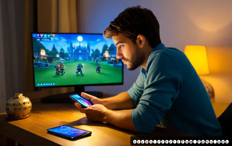 리니지M 레벨별 추천 스킬 - Photorealistic French adult gamer at a tidy home desk in Paris, studying a fantasy mobile role-playi...