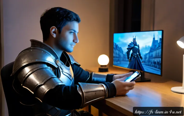Home 17 리니지M 캐릭터 복구 방법 - Photorealistic French gamer in a cozy Paris apartment, seated at a clean desk and using a smartphone...