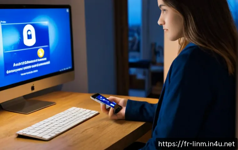 Home 17 리니지M 계정 공유 문제점 - Photorealistic French apartment workspace at dusk, concerned young adult holding a smartphone with a...