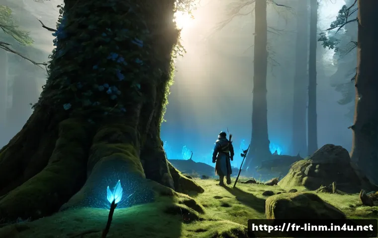 리니지M 최고 사냥터 추천 - Photorealistic fantasy MMORPG hunting ground, a lone armored adventurer exploring a misty enchanted ...